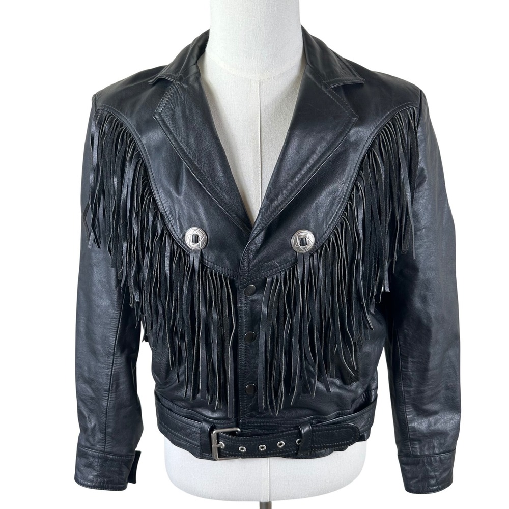 Vintage D Roan Fringe Leather Jacket 40 Black Western Biker Concho Rocker Coat
